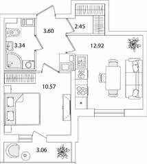 ЖК «Кинопарк», планировка 1-комнатной квартиры, 34.41 м²