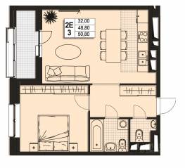 ЖК «Атлантис», планировка 2-комнатной квартиры, 48.40 м²