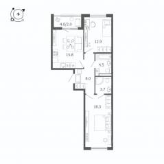 МЖК «Пулковский дом», планировка 2-комнатной квартиры, 65.20 м²