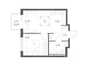 ЖК «Мытищи Парк», планировка 1-комнатной квартиры, 35.42 м²