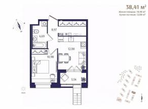 ЖК «Ranta Residence», планировка 1-комнатной квартиры, 38.41 м²