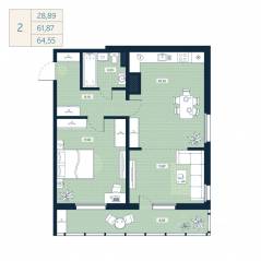 ЖК «Belevsky Club», планировка 2-комнатной квартиры, 61.87 м²