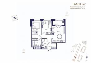 ЖК «Ranta Residence», планировка 2-комнатной квартиры, 64.11 м²