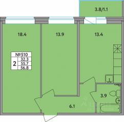 ЖК «Удача», планировка 2-комнатной квартиры, 56.80 м²