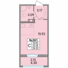 ЖК «Рождественский квартал», планировка студии, 24.33 м²
