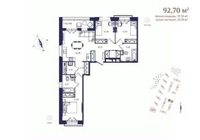 ЖК «Ranta Residence», планировка 3-комнатной квартиры, 92.70 м²