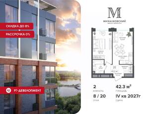 ЖК «Михалковский», планировка 2-комнатной квартиры, 42.30 м²