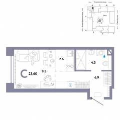 ЖК «Страна.Озерная», планировка студии, 23.60 м²