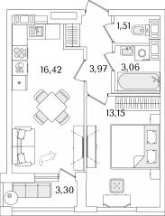 ЖК «Лайнеръ», планировка 1-комнатной квартиры, 39.76 м²