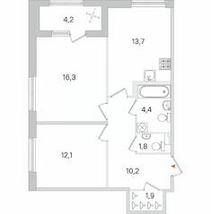 МЖК «Дубровский», планировка 2-комнатной квартиры, 62.50 м²