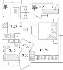 ЖК «БелАрт», планировка 1-комнатной квартиры, 33.15 м²