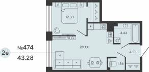 ЖК «Bashni Element», планировка 1-комнатной квартиры, 43.28 м²