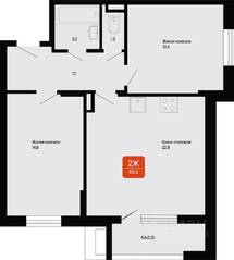 МЖК «Подлипки-Город», планировка 2-комнатной квартиры, 65.50 м²