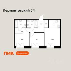 ЖК «Лермонтовский 54», планировка 2-комнатной квартиры, 60.00 м²