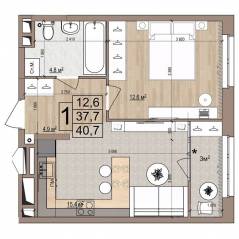 ЖК «Гранд Комфорт», планировка 1-комнатной квартиры, 40.70 м²