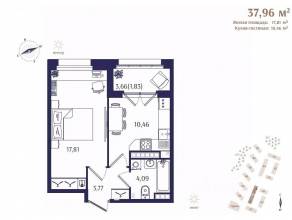 ЖК «Ranta Residence», планировка 1-комнатной квартиры, 37.96 м²