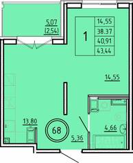 МЖК «Образцовый квартал 16», планировка 1-комнатной квартиры, 38.37 м²