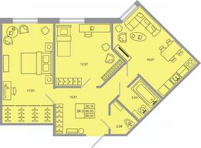 ЖК «Стороны света-2», планировка 2-комнатной квартиры, 60.00 м²