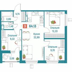 ЖК «Графика», планировка 3-комнатной квартиры, 64.13 м²