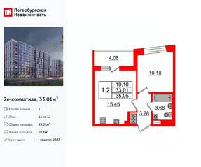 ЖК «Бионика Заповедная», планировка 1-комнатной квартиры, 33.01 м²