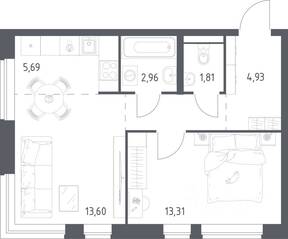 ЖК «Новое Видное», планировка 1-комнатной квартиры, 45.71 м²