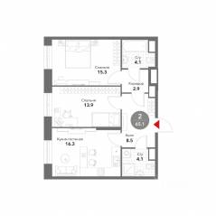МФК «Voxhall», планировка 2-комнатной квартиры, 65.20 м²