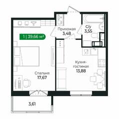 ЖК «Sertolovo Park», планировка 1-комнатной квартиры, 39.66 м²