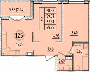 МЖК «Образцовый квартал 17», планировка 2-комнатной квартиры, 59.37 м²