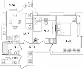 ЖК «Кинопарк», планировка 2-комнатной квартиры, 52.98 м²