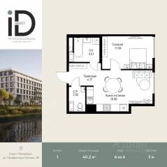 ЖК «ID Petrogradskaya», планировка 1-комнатной квартиры, 40.20 м²
