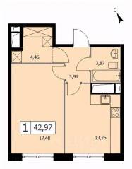 ЖК «Self», планировка 1-комнатной квартиры, 43.10 м²