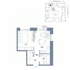 ЖК «Страна.Заречная», планировка 2-комнатной квартиры, 33.30 м²