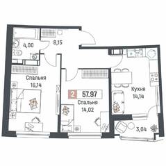 ЖК «Авиатор» (Девяткино), планировка 2-комнатной квартиры, 57.97 м²
