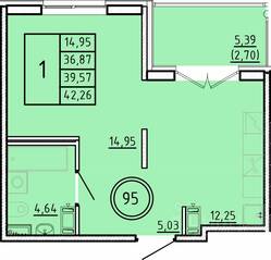 МЖК «Образцовый квартал 16», планировка 1-комнатной квартиры, 36.87 м²