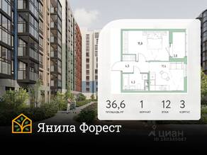 ЖК «Янила», планировка 1-комнатной квартиры, 36.60 м²
