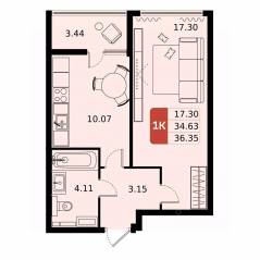 ЖК «ДОМодедово Парк», планировка 1-комнатной квартиры, 36.35 м²