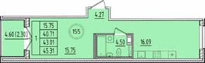 МЖК «Образцовый квартал 17», планировка 1-комнатной квартиры, 40.71 м²