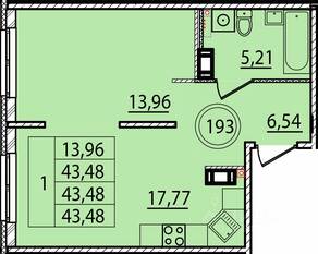 МЖК «Образцовый квартал 15», планировка 1-комнатной квартиры, 43.48 м²