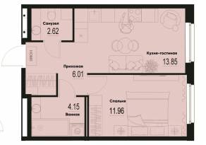 ЖК «ID Murino III», планировка 1-комнатной квартиры, 38.59 м²