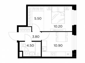 ЖК «Квартал Белый Град», планировка 1-комнатной квартиры, 34.90 м²