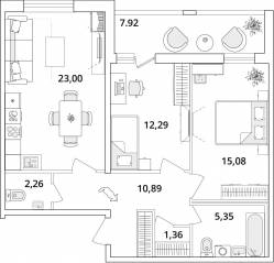ЖК «Cube», планировка 2-комнатной квартиры, 74.50 м²