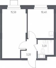 МФК «Люберцы 2023», планировка 1-комнатной квартиры, 33.20 м²