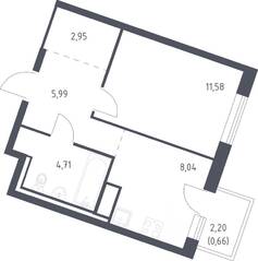 ЖК «Квартал Лаголово», планировка 1-комнатной квартиры, 33.93 м²