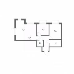 ЖК «Парусная 1», планировка 3-комнатной квартиры, 57.40 м²