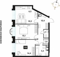 ЖК «Интеллигент», планировка 3-комнатной квартиры, 65.10 м²