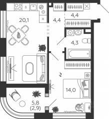 ЖК «Жилой квартал Shagal», планировка 1-комнатной квартиры, 50.10 м²