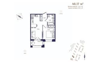 ЖК «Ranta Residence», планировка 1-комнатной квартиры, 40.17 м²