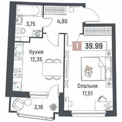 ЖК «Авиатор» (Девяткино), планировка 1-комнатной квартиры, 39.99 м²
