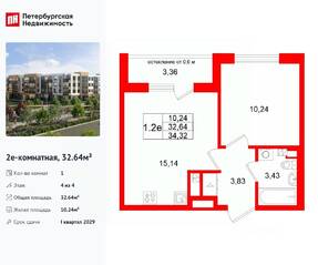 МЖК «Универ Сити», планировка 1-комнатной квартиры, 32.64 м²