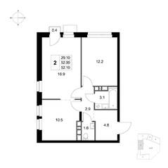 ЖК «Легенда Марусино», планировка 2-комнатной квартиры, 52.10 м²